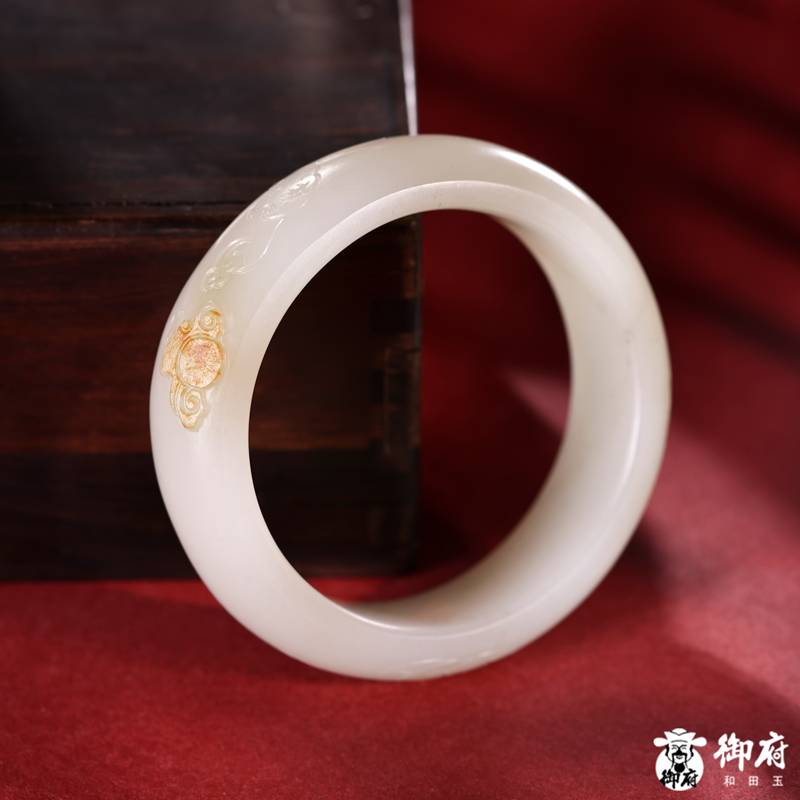 Xinjiang Hetian White Jade Bangle with Yellow Skin, 51 mm, natural Hetian jade bangle